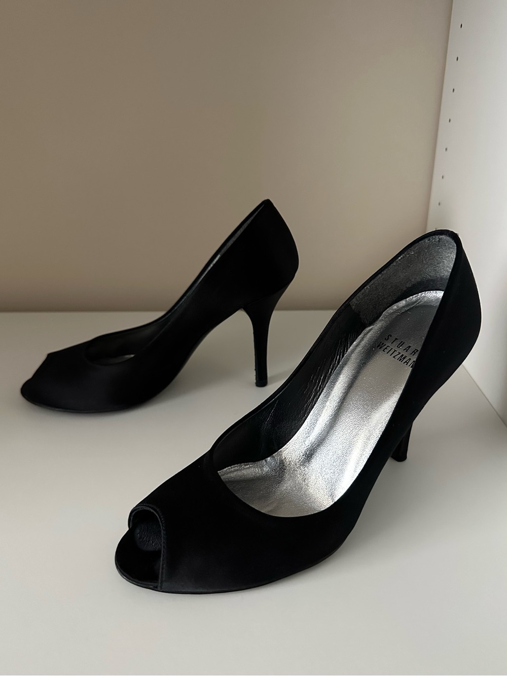 Stuart Weitzman Satin Black Peep Toe Heels